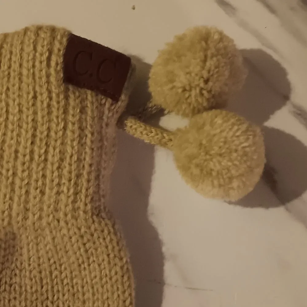 C.C Beige Knit Gloves with Pom-Poms